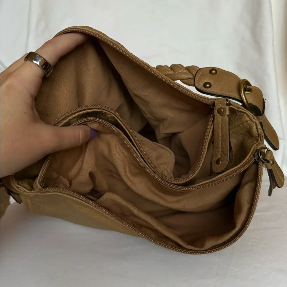 Strada Tan Beige Leather Braided Handle Boho Hobo Purse